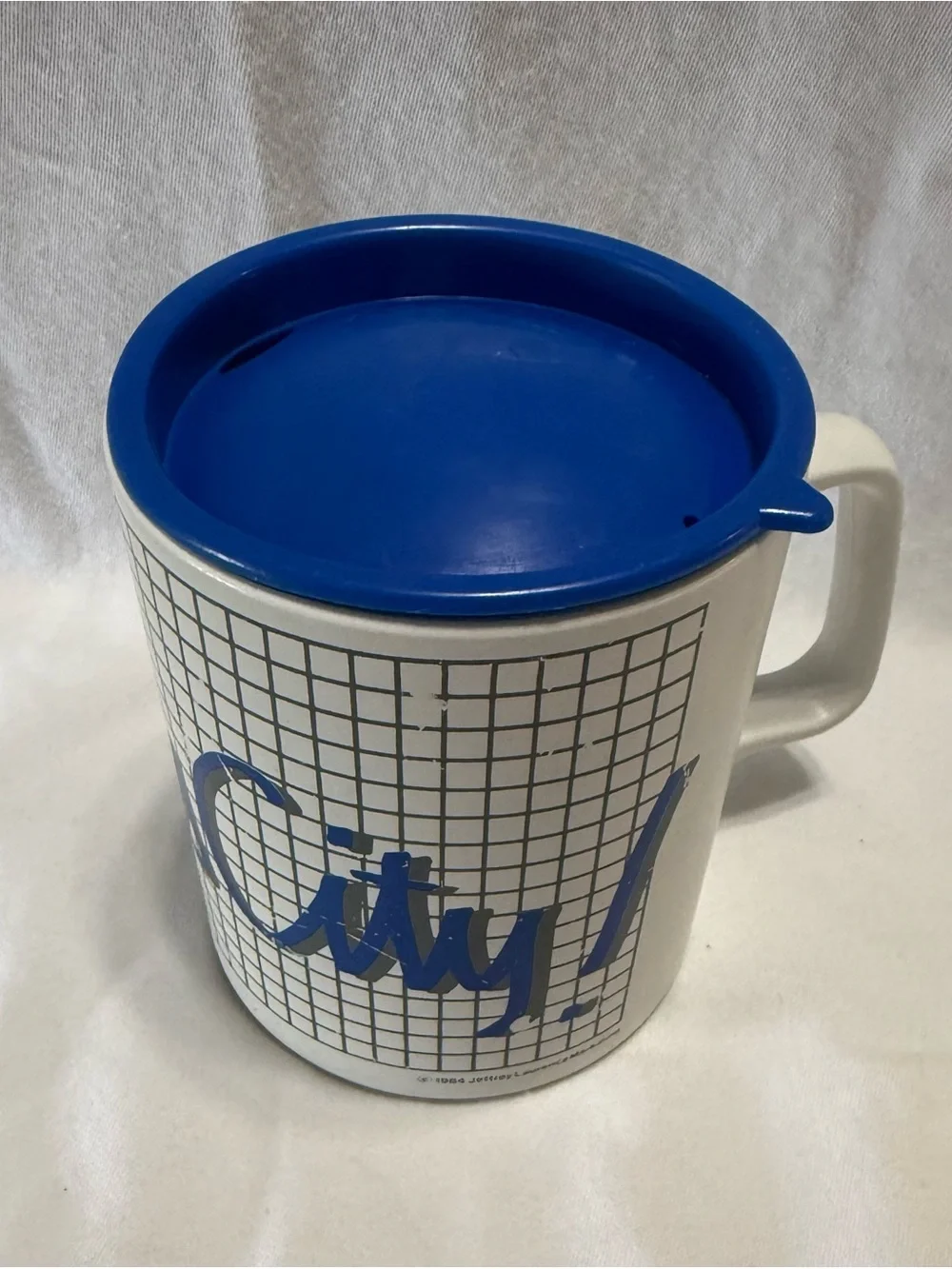 White Plastic Travel Mug with Blue Lid and Blue Kansas City Graphic